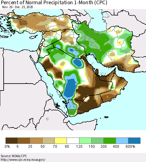 Middle East and Turkey Percent of Normal Precipitation 1-Month (CPC) Thematic Map For 11/26/2020 - 12/25/2020