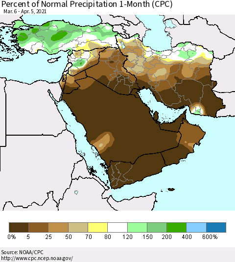 Middle East and Turkey Percent of Normal Precipitation 1-Month (CPC) Thematic Map For 3/6/2021 - 4/5/2021
