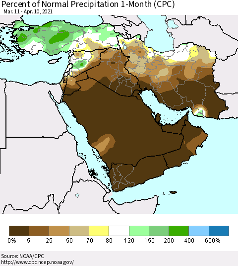 Middle East and Turkey Percent of Normal Precipitation 1-Month (CPC) Thematic Map For 3/11/2021 - 4/10/2021
