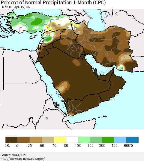 Middle East and Turkey Percent of Normal Precipitation 1-Month (CPC) Thematic Map For 3/16/2021 - 4/15/2021