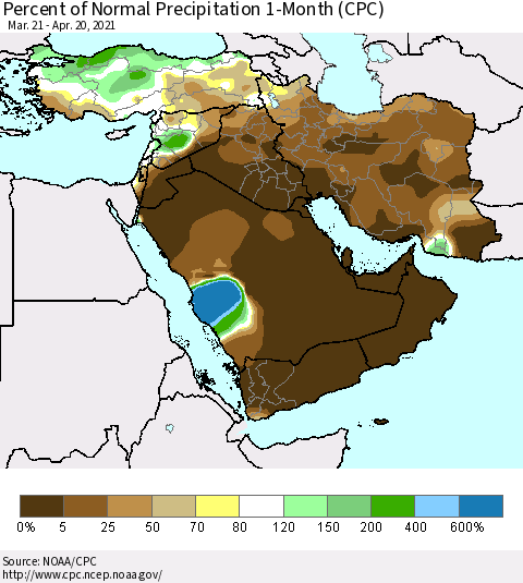Middle East and Turkey Percent of Normal Precipitation 1-Month (CPC) Thematic Map For 3/21/2021 - 4/20/2021