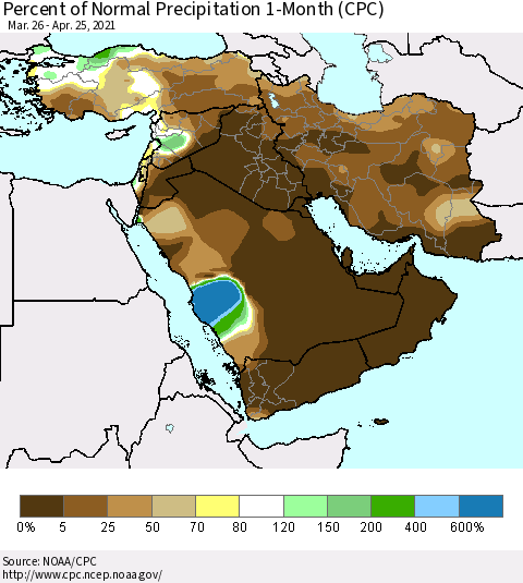 Middle East and Turkey Percent of Normal Precipitation 1-Month (CPC) Thematic Map For 3/26/2021 - 4/25/2021