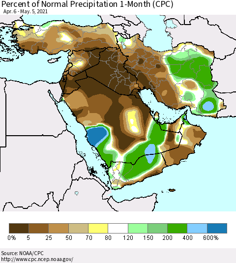 Middle East and Turkey Percent of Normal Precipitation 1-Month (CPC) Thematic Map For 4/6/2021 - 5/5/2021