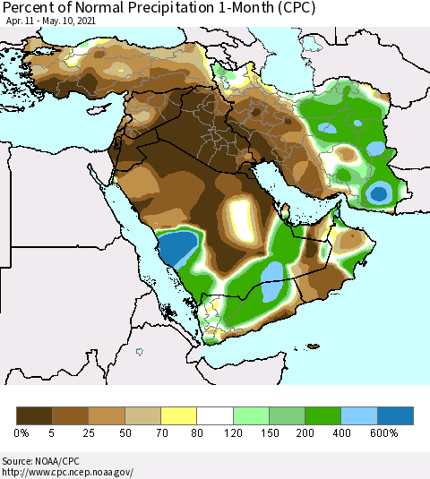 Middle East and Turkey Percent of Normal Precipitation 1-Month (CPC) Thematic Map For 4/11/2021 - 5/10/2021