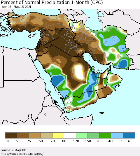 Middle East and Turkey Percent of Normal Precipitation 1-Month (CPC) Thematic Map For 4/16/2021 - 5/15/2021