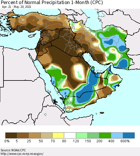 Middle East and Turkey Percent of Normal Precipitation 1-Month (CPC) Thematic Map For 4/21/2021 - 5/20/2021