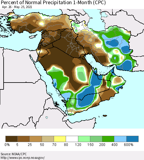 Middle East and Turkey Percent of Normal Precipitation 1-Month (CPC) Thematic Map For 4/26/2021 - 5/25/2021