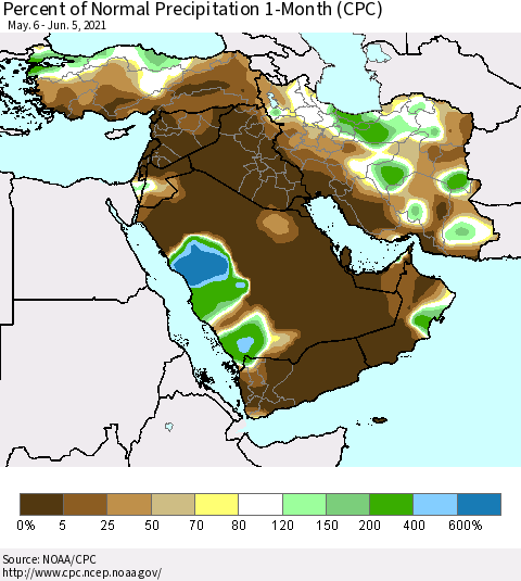 Middle East and Turkey Percent of Normal Precipitation 1-Month (CPC) Thematic Map For 5/6/2021 - 6/5/2021
