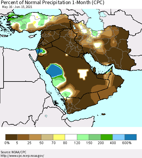 Middle East and Turkey Percent of Normal Precipitation 1-Month (CPC) Thematic Map For 5/16/2021 - 6/15/2021