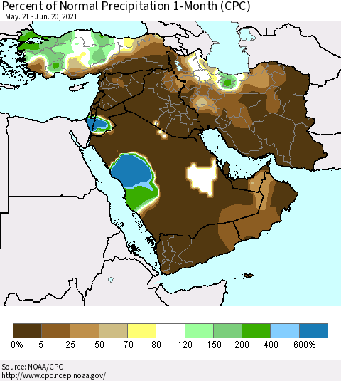 Middle East and Turkey Percent of Normal Precipitation 1-Month (CPC) Thematic Map For 5/21/2021 - 6/20/2021