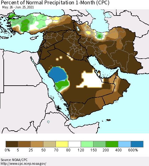 Middle East and Turkey Percent of Normal Precipitation 1-Month (CPC) Thematic Map For 5/26/2021 - 6/25/2021