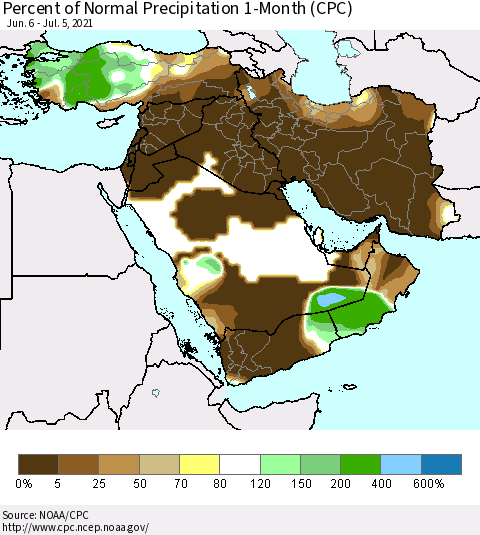 Middle East and Turkey Percent of Normal Precipitation 1-Month (CPC) Thematic Map For 6/6/2021 - 7/5/2021