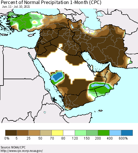 Middle East and Turkey Percent of Normal Precipitation 1-Month (CPC) Thematic Map For 6/11/2021 - 7/10/2021