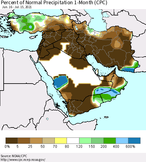 Middle East and Turkey Percent of Normal Precipitation 1-Month (CPC) Thematic Map For 6/16/2021 - 7/15/2021