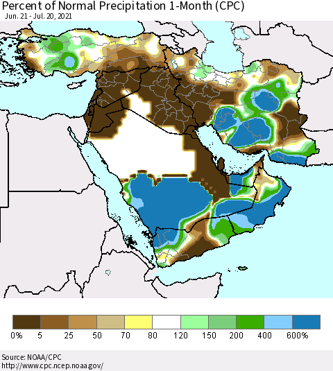 Middle East and Turkey Percent of Normal Precipitation 1-Month (CPC) Thematic Map For 6/21/2021 - 7/20/2021