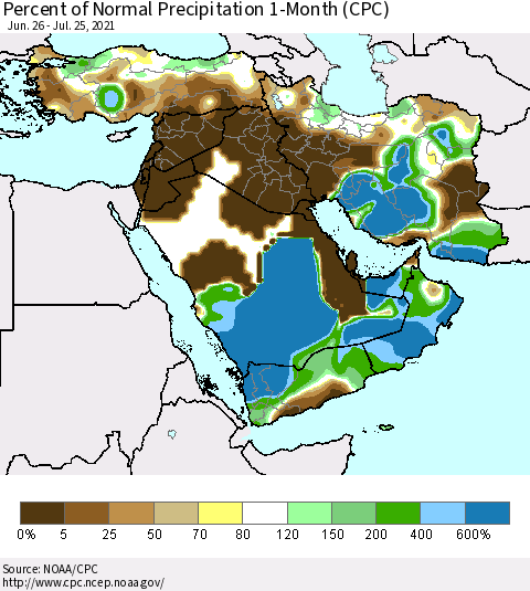 Middle East and Turkey Percent of Normal Precipitation 1-Month (CPC) Thematic Map For 6/26/2021 - 7/25/2021