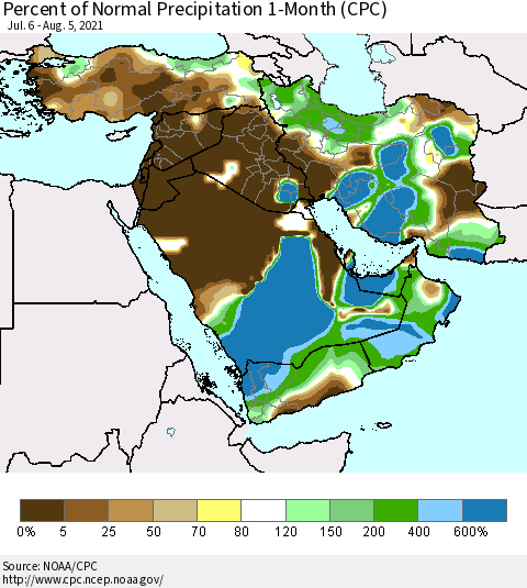 Middle East and Turkey Percent of Normal Precipitation 1-Month (CPC) Thematic Map For 7/6/2021 - 8/5/2021