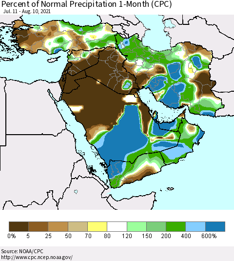 Middle East and Turkey Percent of Normal Precipitation 1-Month (CPC) Thematic Map For 7/11/2021 - 8/10/2021