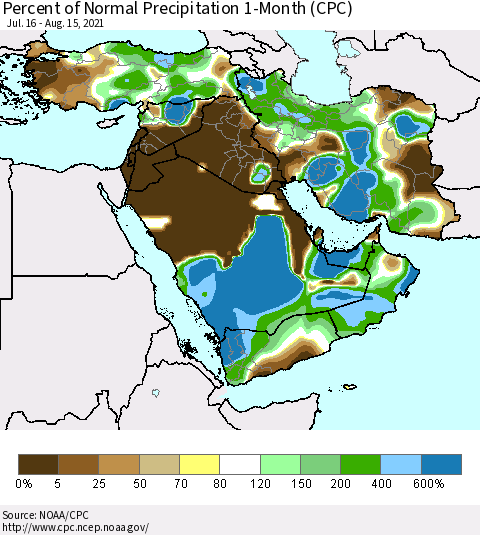 Middle East and Turkey Percent of Normal Precipitation 1-Month (CPC) Thematic Map For 7/16/2021 - 8/15/2021