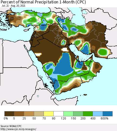 Middle East and Turkey Percent of Normal Precipitation 1-Month (CPC) Thematic Map For 7/21/2021 - 8/20/2021