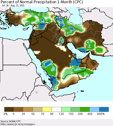 Middle East and Turkey Percent of Normal Precipitation 1-Month (CPC) Thematic Map For 7/26/2021 - 8/25/2021