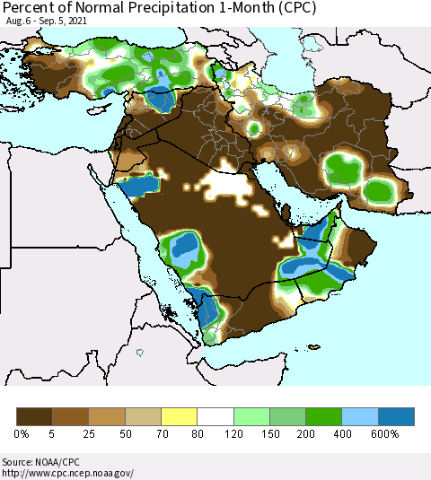 Middle East and Turkey Percent of Normal Precipitation 1-Month (CPC) Thematic Map For 8/6/2021 - 9/5/2021