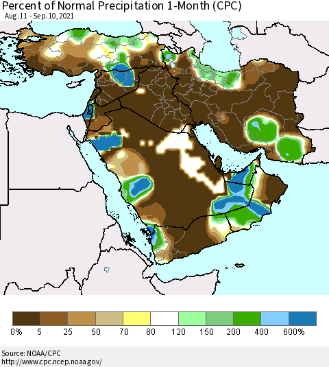 Middle East and Turkey Percent of Normal Precipitation 1-Month (CPC) Thematic Map For 8/11/2021 - 9/10/2021