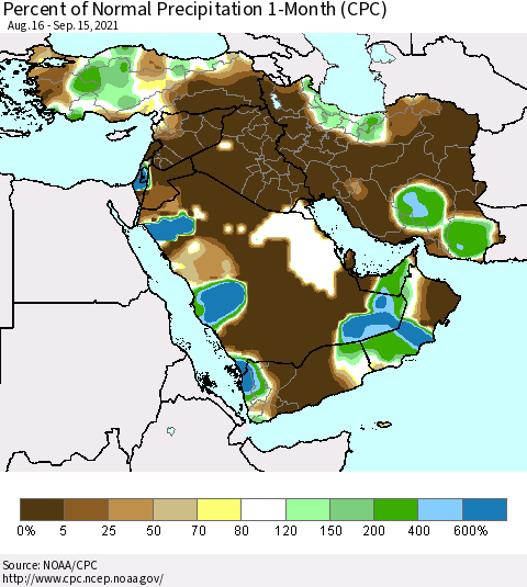 Middle East and Turkey Percent of Normal Precipitation 1-Month (CPC) Thematic Map For 8/16/2021 - 9/15/2021
