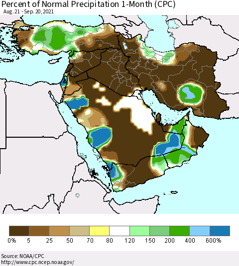 Middle East and Turkey Percent of Normal Precipitation 1-Month (CPC) Thematic Map For 8/21/2021 - 9/20/2021