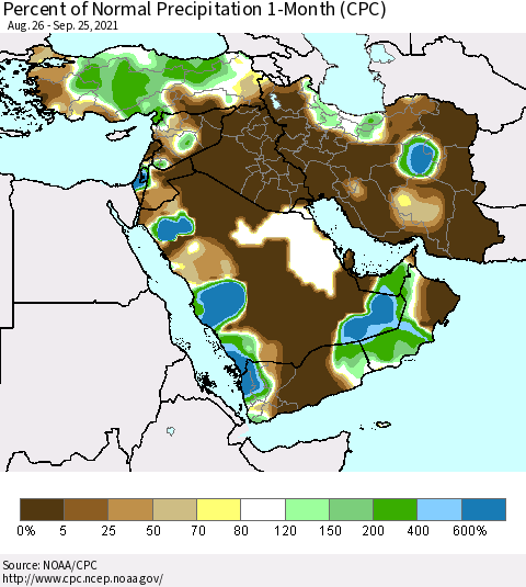 Middle East and Turkey Percent of Normal Precipitation 1-Month (CPC) Thematic Map For 8/26/2021 - 9/25/2021