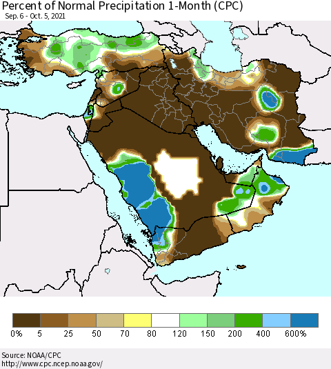 Middle East and Turkey Percent of Normal Precipitation 1-Month (CPC) Thematic Map For 9/6/2021 - 10/5/2021