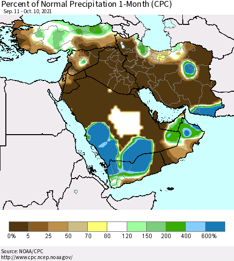 Middle East and Turkey Percent of Normal Precipitation 1-Month (CPC) Thematic Map For 9/11/2021 - 10/10/2021