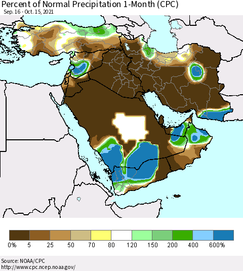 Middle East and Turkey Percent of Normal Precipitation 1-Month (CPC) Thematic Map For 9/16/2021 - 10/15/2021