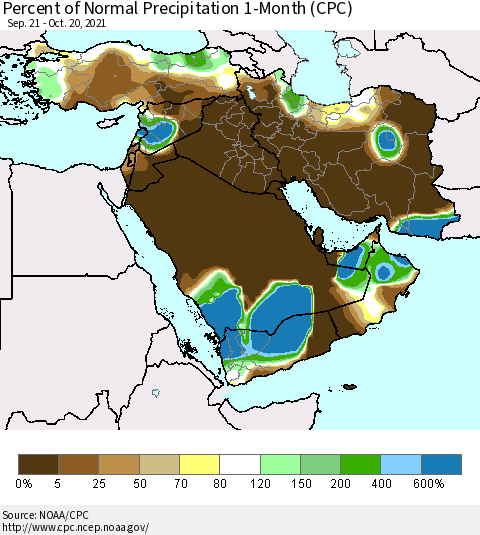 Middle East and Turkey Percent of Normal Precipitation 1-Month (CPC) Thematic Map For 9/21/2021 - 10/20/2021