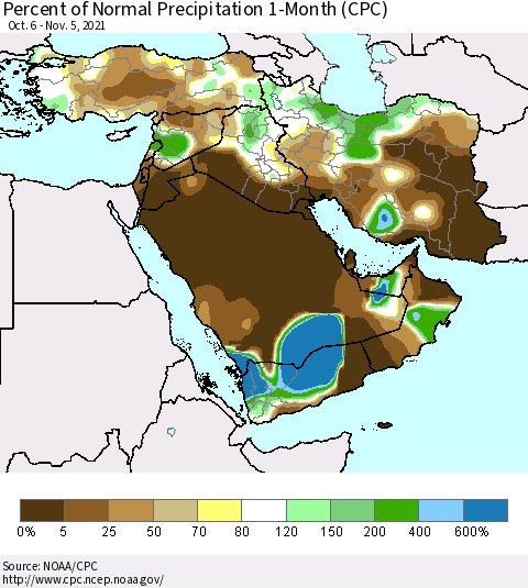 Middle East and Turkey Percent of Normal Precipitation 1-Month (CPC) Thematic Map For 10/6/2021 - 11/5/2021