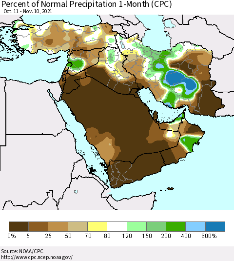 Middle East and Turkey Percent of Normal Precipitation 1-Month (CPC) Thematic Map For 10/11/2021 - 11/10/2021