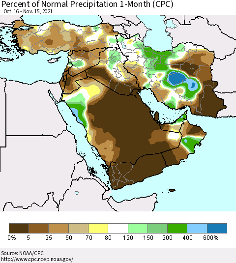 Middle East and Turkey Percent of Normal Precipitation 1-Month (CPC) Thematic Map For 10/16/2021 - 11/15/2021