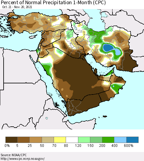 Middle East and Turkey Percent of Normal Precipitation 1-Month (CPC) Thematic Map For 10/21/2021 - 11/20/2021
