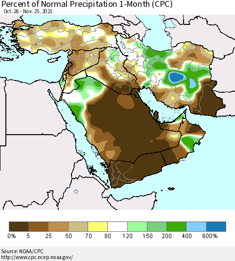Middle East and Turkey Percent of Normal Precipitation 1-Month (CPC) Thematic Map For 10/26/2021 - 11/25/2021