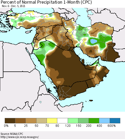 Middle East and Turkey Percent of Normal Precipitation 1-Month (CPC) Thematic Map For 11/6/2021 - 12/5/2021