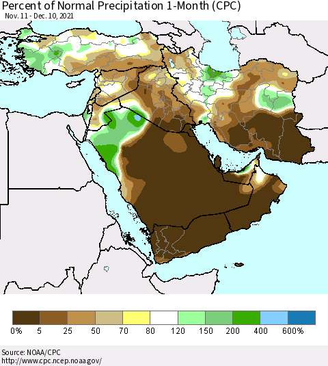 Middle East and Turkey Percent of Normal Precipitation 1-Month (CPC) Thematic Map For 11/11/2021 - 12/10/2021