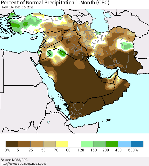 Middle East and Turkey Percent of Normal Precipitation 1-Month (CPC) Thematic Map For 11/16/2021 - 12/15/2021