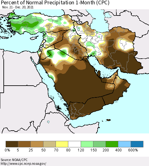 Middle East and Turkey Percent of Normal Precipitation 1-Month (CPC) Thematic Map For 11/21/2021 - 12/20/2021