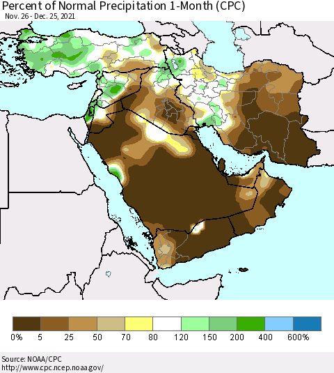 Middle East and Turkey Percent of Normal Precipitation 1-Month (CPC) Thematic Map For 11/26/2021 - 12/25/2021