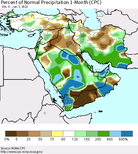 Middle East and Turkey Percent of Normal Precipitation 1-Month (CPC) Thematic Map For 12/6/2021 - 1/5/2022