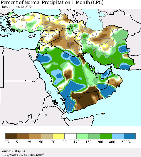 Middle East and Turkey Percent of Normal Precipitation 1-Month (CPC) Thematic Map For 12/11/2021 - 1/10/2022