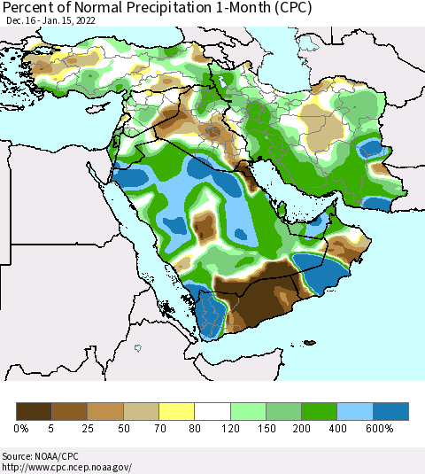 Middle East and Turkey Percent of Normal Precipitation 1-Month (CPC) Thematic Map For 12/16/2021 - 1/15/2022
