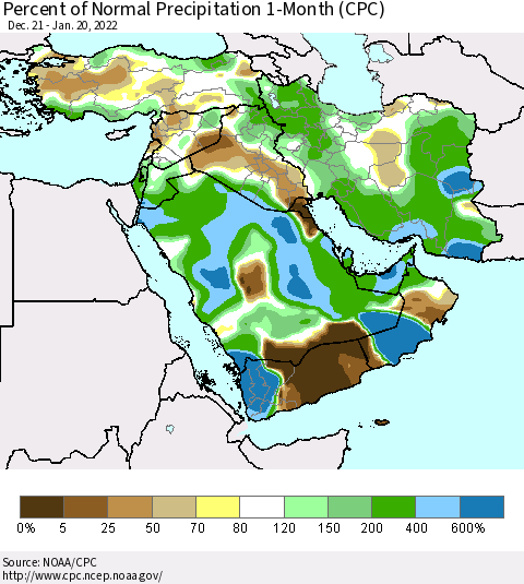 Middle East and Turkey Percent of Normal Precipitation 1-Month (CPC) Thematic Map For 12/21/2021 - 1/20/2022