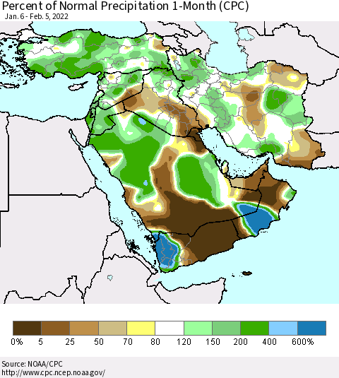Middle East and Turkey Percent of Normal Precipitation 1-Month (CPC) Thematic Map For 1/6/2022 - 2/5/2022
