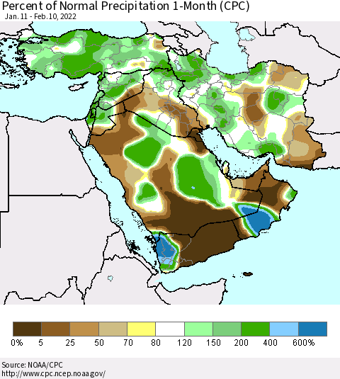 Middle East and Turkey Percent of Normal Precipitation 1-Month (CPC) Thematic Map For 1/11/2022 - 2/10/2022
